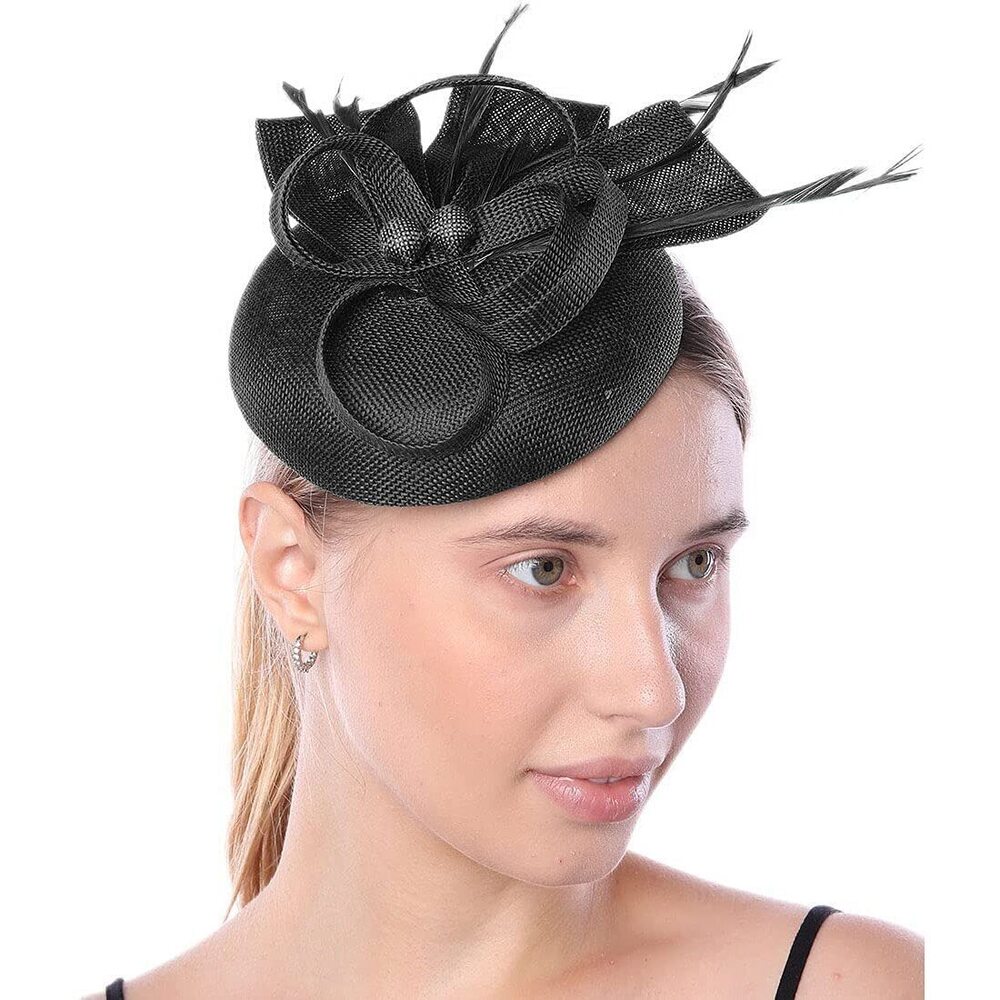 8313 Womens Fascinator Hat Sinamay Pillbox Flower Feather Tea Party Derby